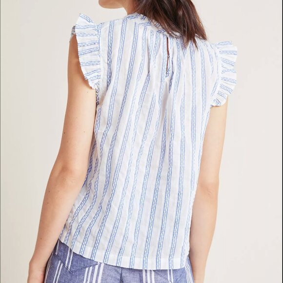 Isabella Sinclair Anthropologie Blue Stripe Ruffle Sleeve Top XS - Picture 2 of 6